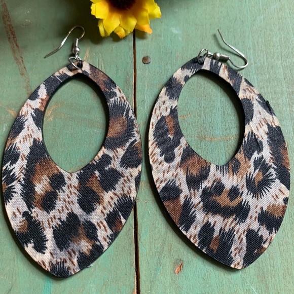 Fun Leopard Oval Cutout Hoop Dangle Earrings - Big Animal Print Earrings - Picture 3 of 5